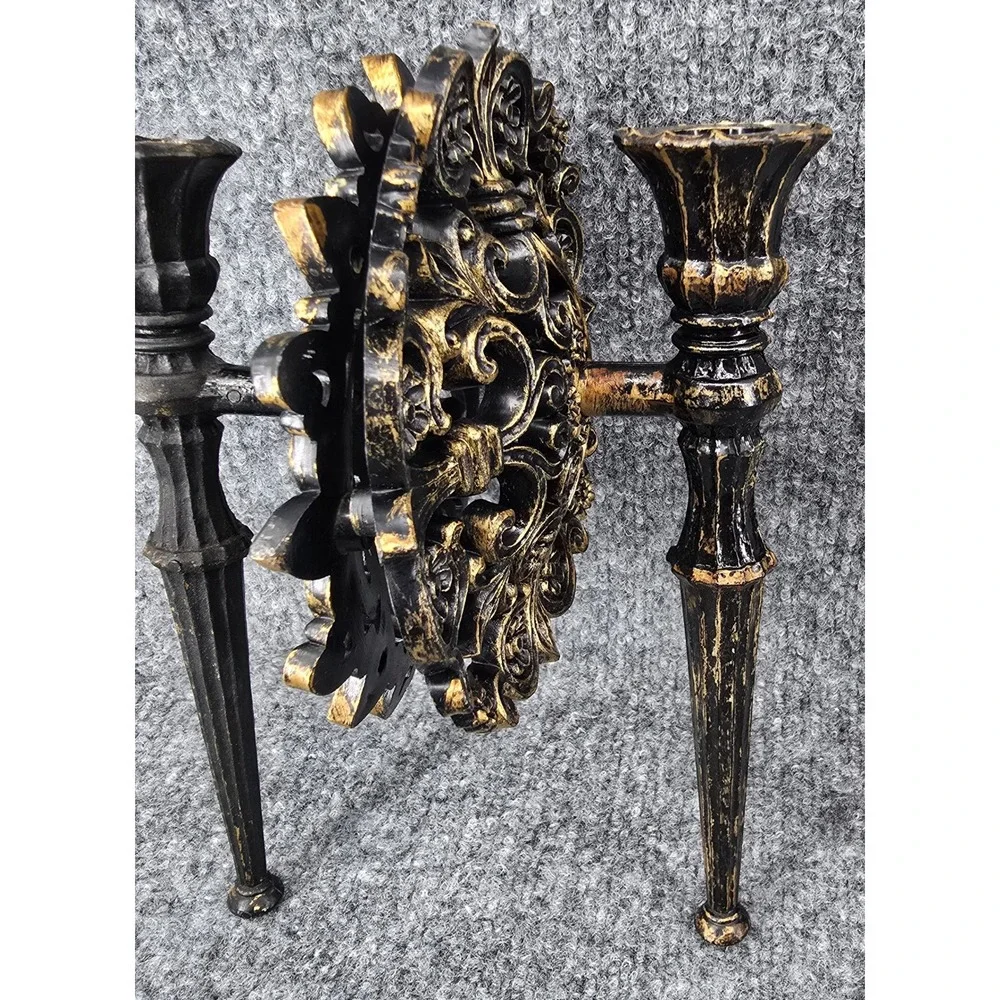 Vtg MCM Gothic Wall Sconces Black Antiqued Gold Holders Set of 4 Baroque Homco